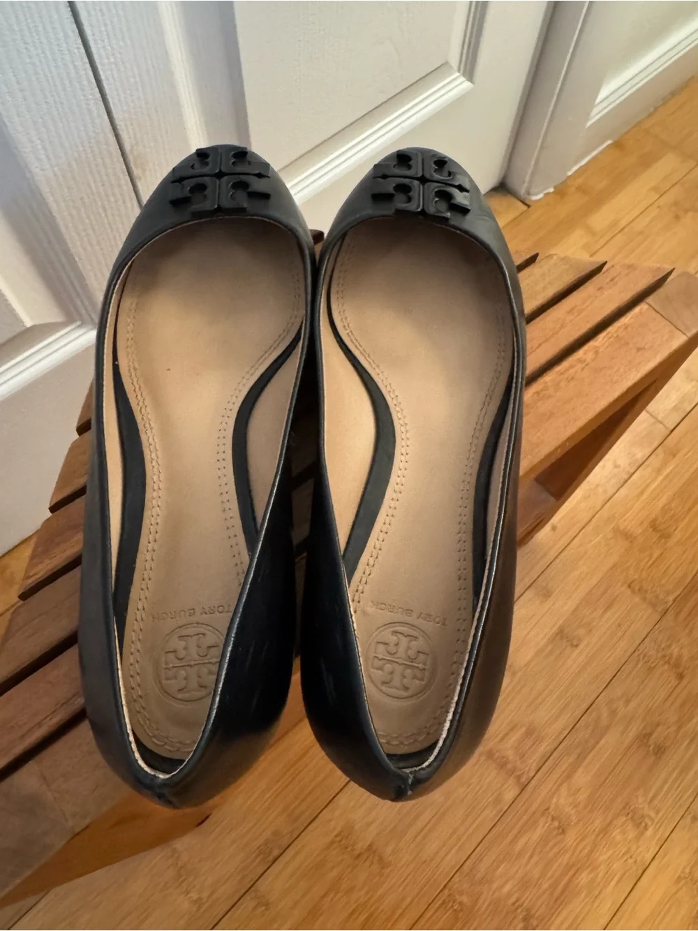 Tory Burch Black Leather Logo Ballet Flats